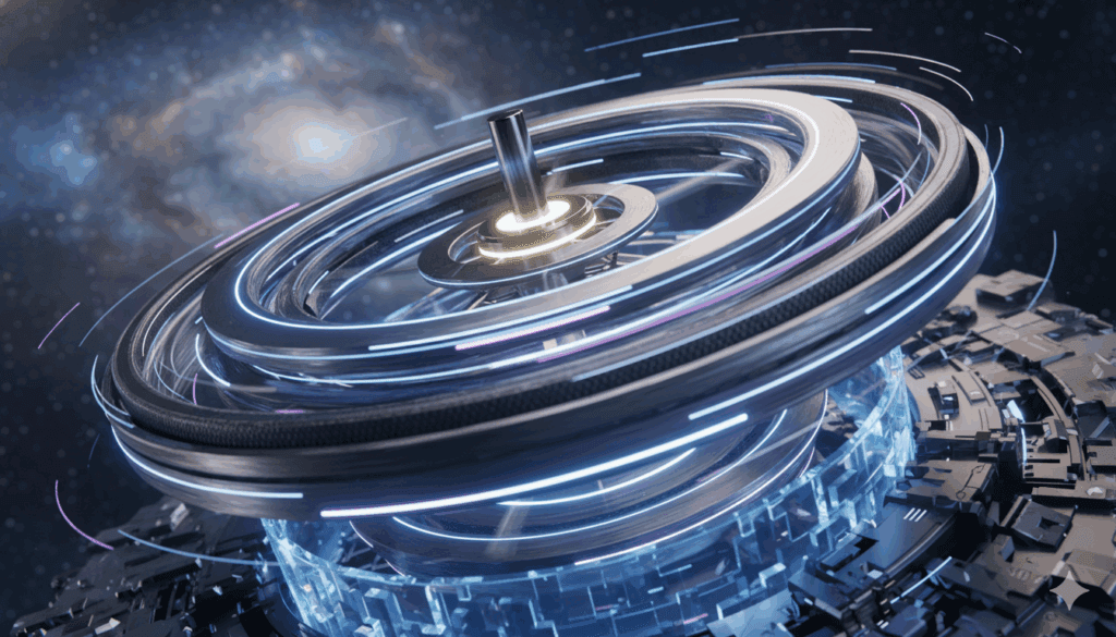 A high-resolution 3D render of a mechanical gyroscope spinning. The outer rings are blurred with motion (chaos/change), but the center spindle is perfectly upright and sharp.
