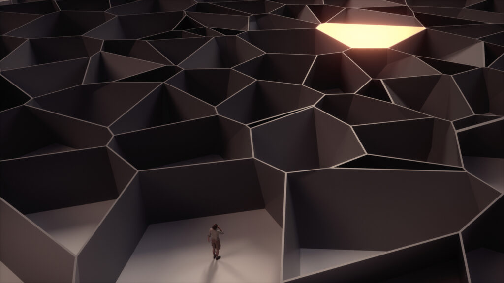 Thoughtful man in a abstract and complex maze . Journey of success concept . This is a 3d render illustration .