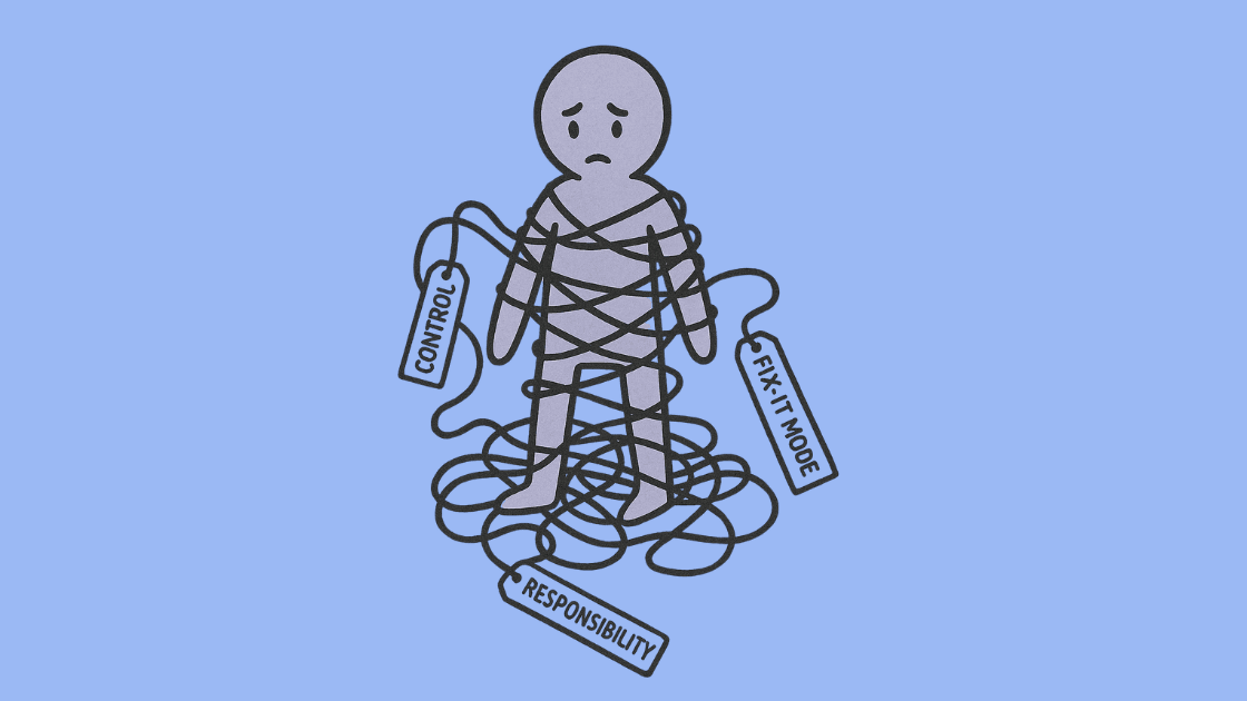 A hand-drawn style illustration shows a stick figure lying on the ground, entangled in a chaotic web of thread. The figure looks overwhelmed and sad. The tangled lines are labeled “Control,” “Fix-it Mode,” and “Responsibility,” symbolizing the emotional burden of over-owning as a leader.