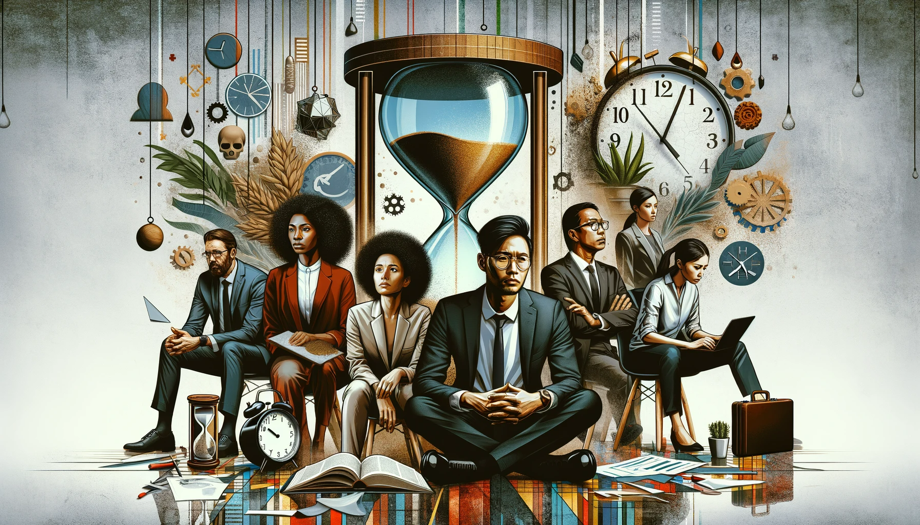 Image visually represents the concept of burnout in the corporate world, with elements like exhausted professionals, a broken hourglass / clock symbolizing time pressure, and background elements suggesting mental health awareness. The tone is serious and thought-provoking, reflecting the urgent need for mental health initiatives in the workplace.