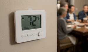 a household thermostat on a wall in the foreground, while in the blurred background a family of adults (young and old) gathers around a dinner table.