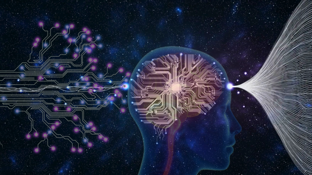 depicts a futuristic representation of artificial intelligence and human cognition. It shows a human head with a brain visualized as a complex network of circuits or neural pathways, symbolizing the integration of AI and human thought. To the left, the circuits branch out, connected to nodes glowing with purple lights, symbolizing the flow of information. To the right, streams of data seem to be converging into the brain. The background is a starry, cosmic space, suggesting a vast, interconnected universe of knowledge and technology.