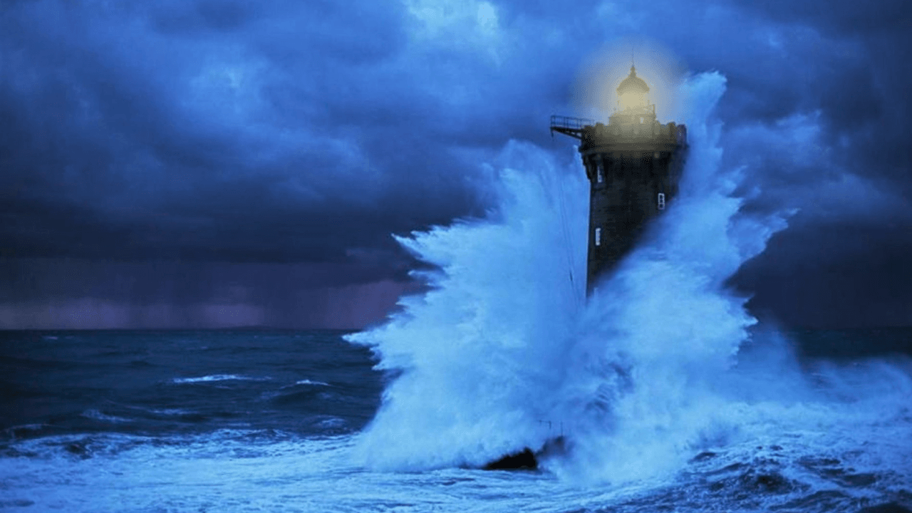 Image of a lighthouse surrounded by a storm at sea, a towering wave crashing against the side of the lighthouse under darkened skies as the light beams.