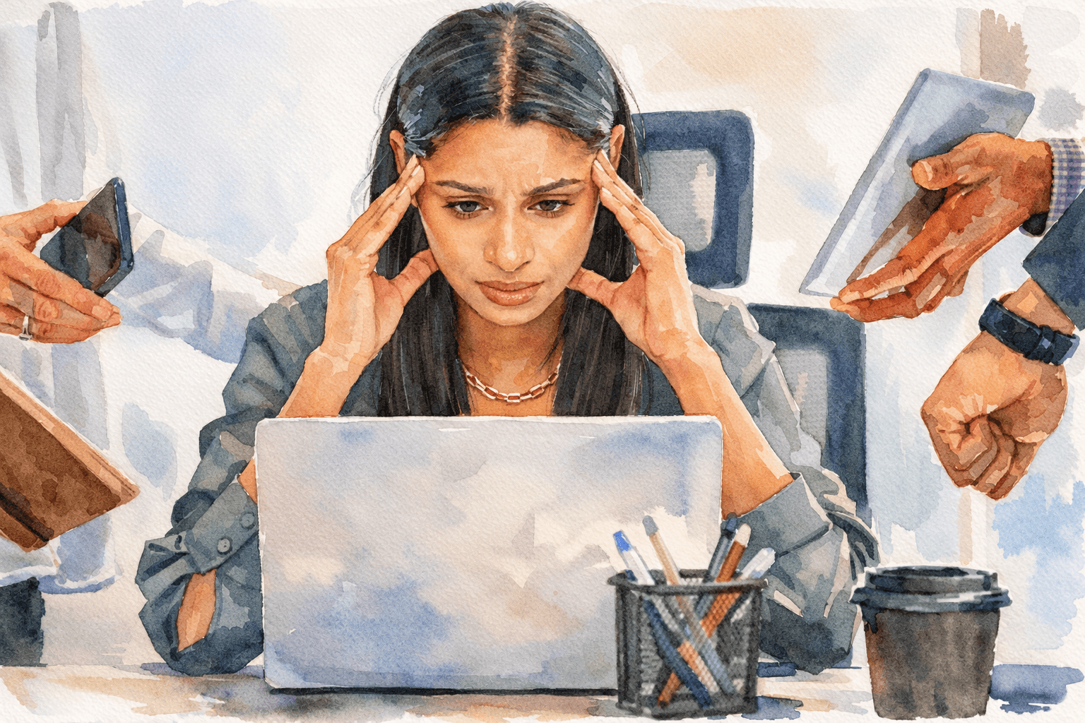 Watercolor illustration of a Stressed woman at her desk
