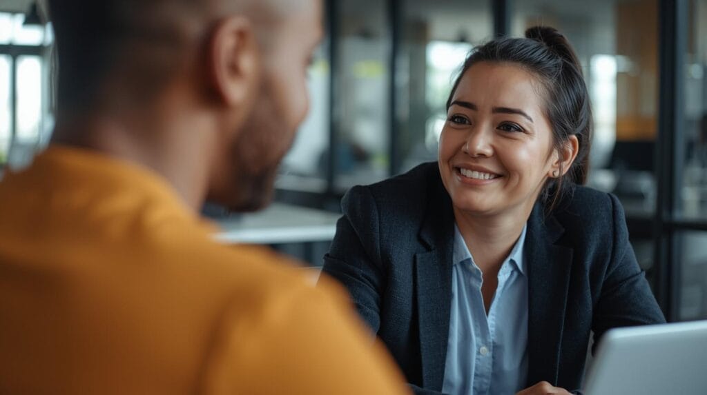 An authentic, close-up photo of two colleagues in a real, one-on-one conversation. They are sitting in a modern, well-lit office space. The "leader" is listening with an open, engaged posture. The team member looks like they feel genuinely heard.