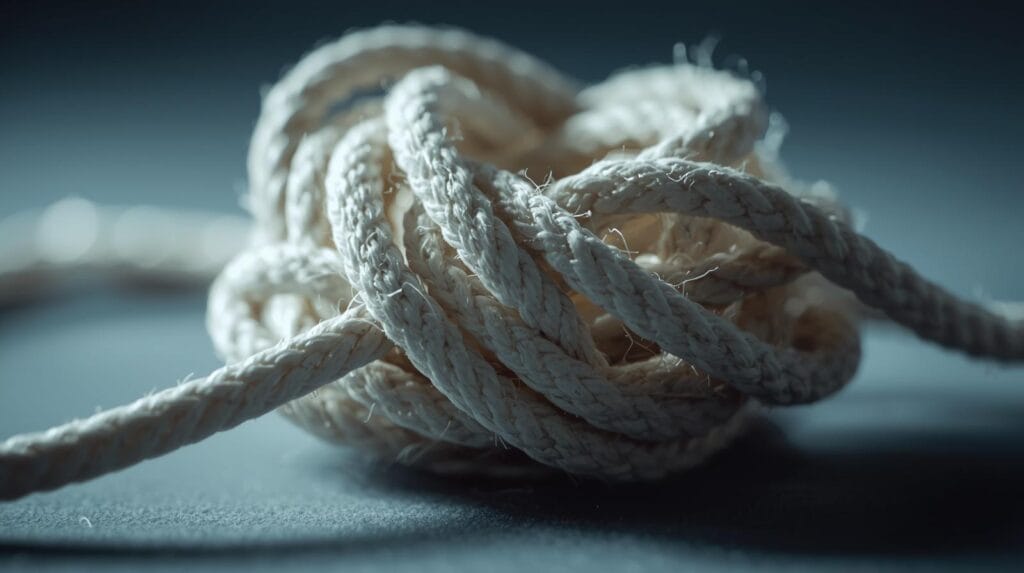 A close-up of a complex, tangled knot that is being gently unraveled