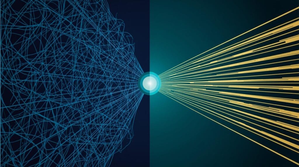 A dynamic, professional graphic that visually represents the core transformation. On the left side of the image, a complex, tangled web of thin lines are transformed through a prism into order and clarity.