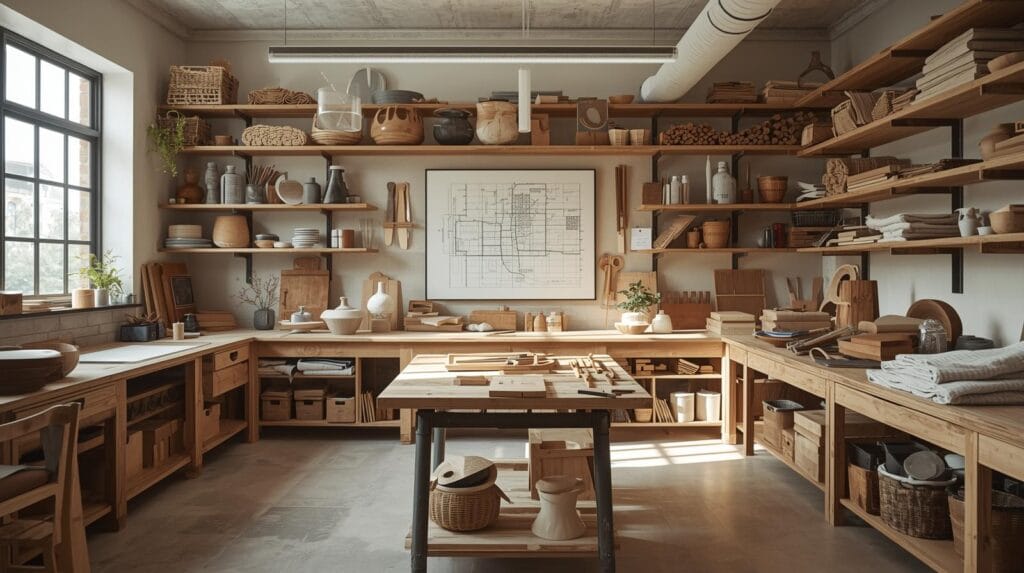 A high-quality photo of a well-lit, organized workshop or artisan's studio. The space has blueprints, tools, and natural materials (like wood or clay). This is a place to build and practice skills in a hands-on way