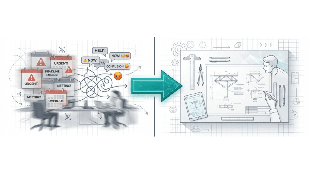 Illustration split into two halves showing a transition from chaos to clarity. On the left, overlapping calendar alerts and warning signs read “Urgent,” “Deadline missed,” “Meeting,” and “Overdue,” surrounded by tangled lines, alarm icons, and blurred figures rushing in confusion. On the right, the scene is calm and organized: a person reviews a clean technical blueprint on a drafting table with rulers, pens, and a tablet, suggesting focused planning and structured problem-solving. A large arrow in the center points from the chaotic left side to the orderly right side, symbolizing a shift from overwhelm to clarity and control.