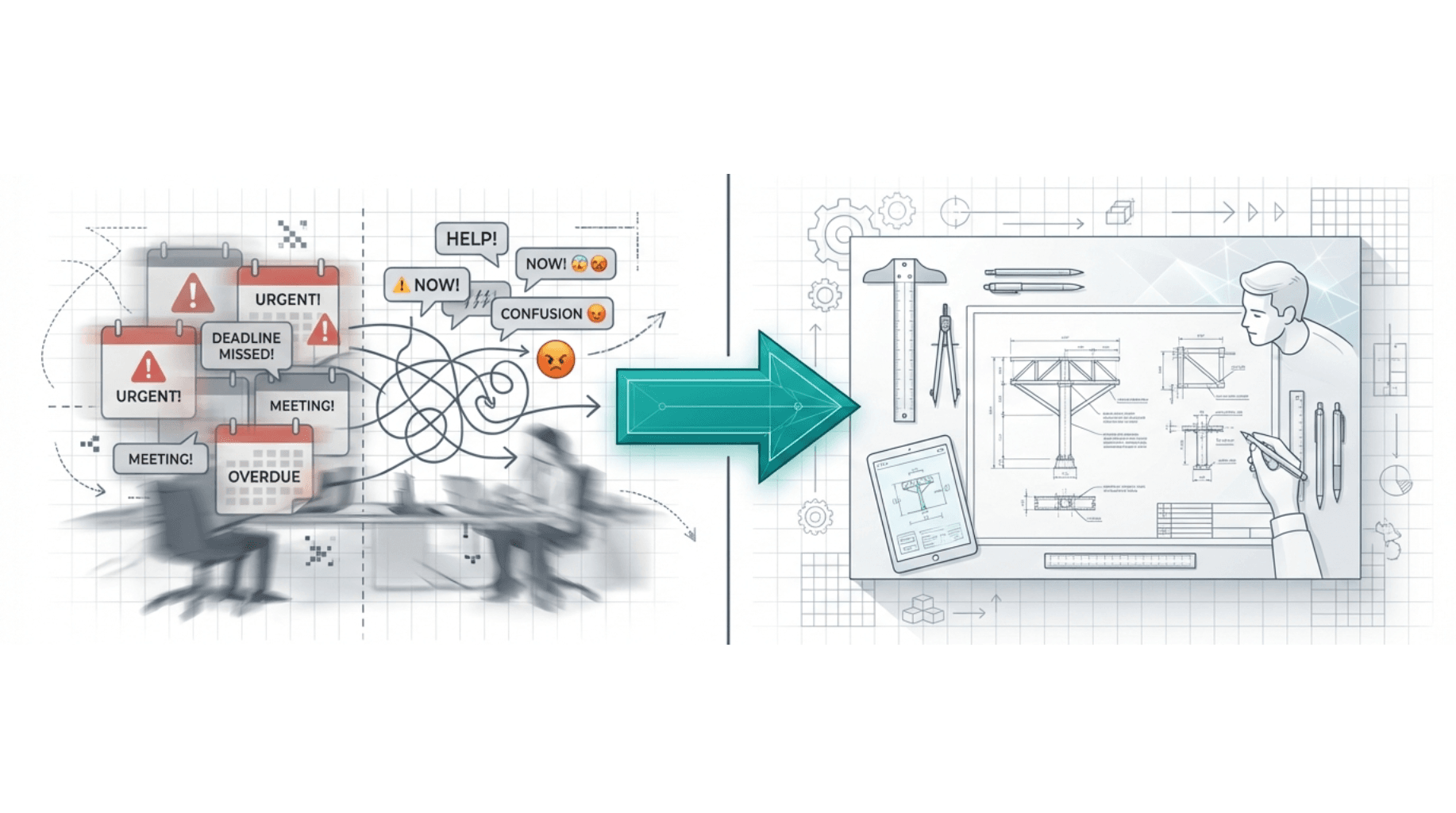 Illustration split into two halves showing a transition from chaos to clarity. On the left, overlapping calendar alerts and warning signs read “Urgent,” “Deadline missed,” “Meeting,” and “Overdue,” surrounded by tangled lines, alarm icons, and blurred figures rushing in confusion. On the right, the scene is calm and organized: a person reviews a clean technical blueprint on a drafting table with rulers, pens, and a tablet, suggesting focused planning and structured problem-solving. A large arrow in the center points from the chaotic left side to the orderly right side, symbolizing a shift from overwhelm to clarity and control.